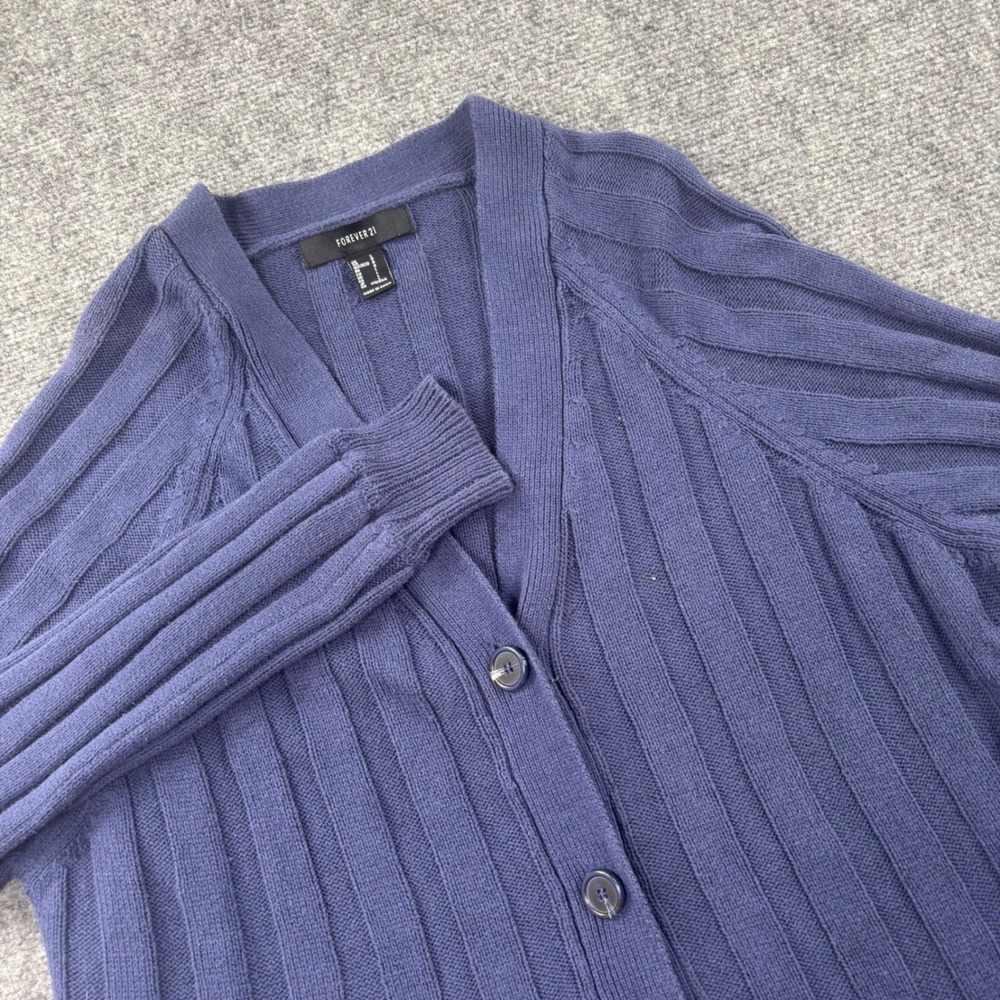 Forever 21 Cardigan‎ Sweater Large Blue Ribbed Knit V-Neck Button Front Women
